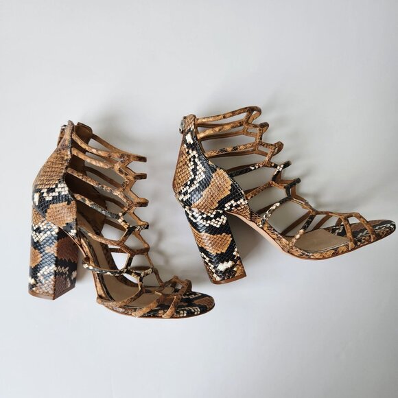 Schutz Juliana Block Snake Embossed Leather Caged Sandal Brown Sexy Edgy 10 1/2 - Picture 2 of 10